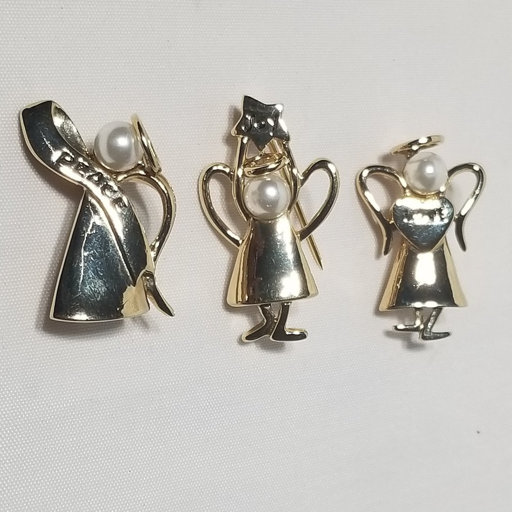 THREE ANGEL PINS PEACE, JOY, LOVE GOLD TONE